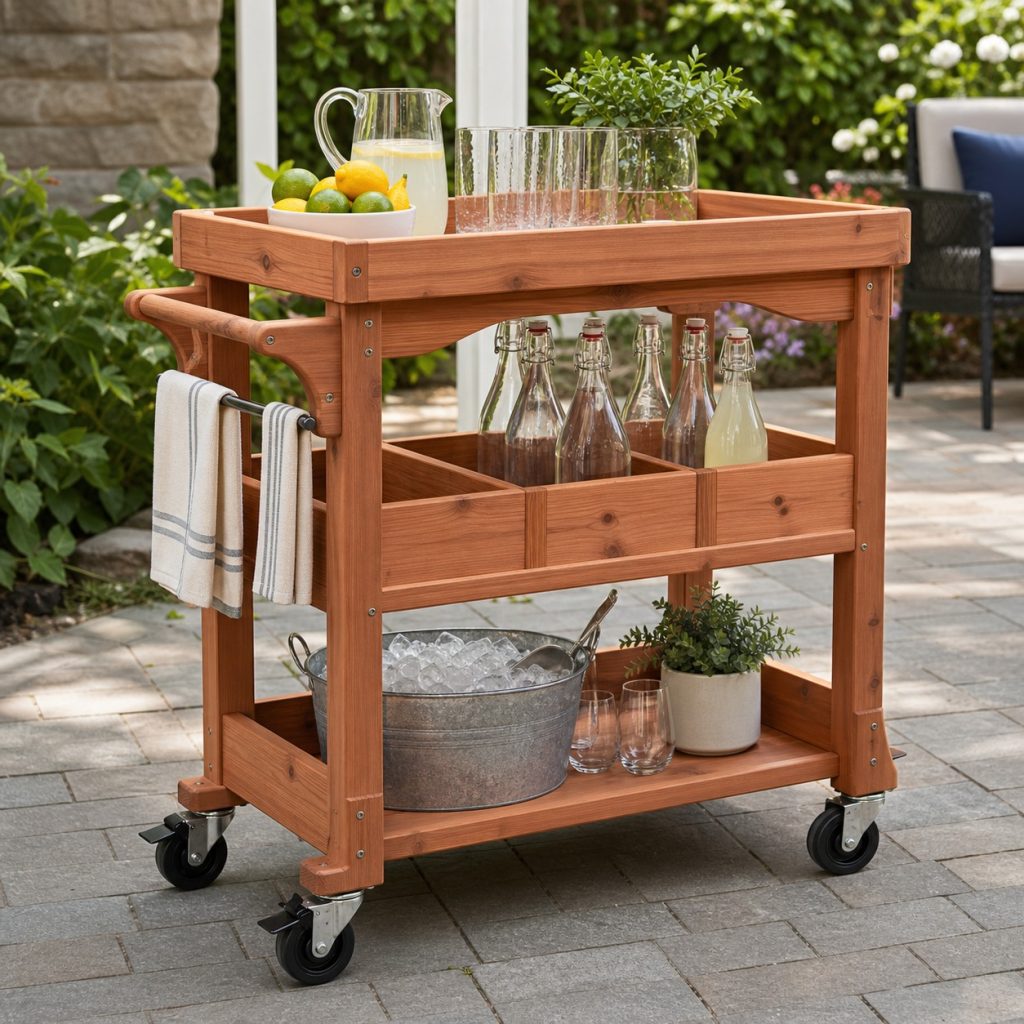Three-tier cedar beverage cart with shelf lips dividers and locking wheels