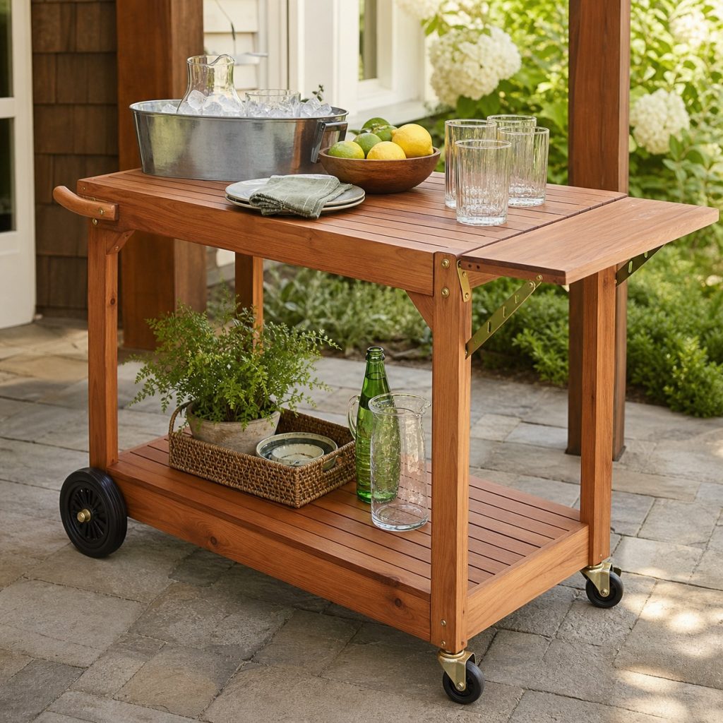 Outdoor serving cart with supported fold-up side leaf