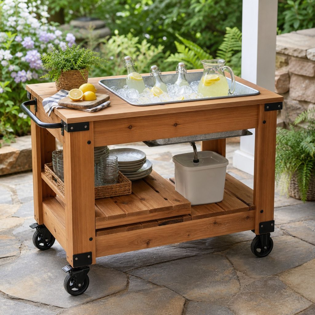 Garden serving cart with removable galvanized ice tub and drain container