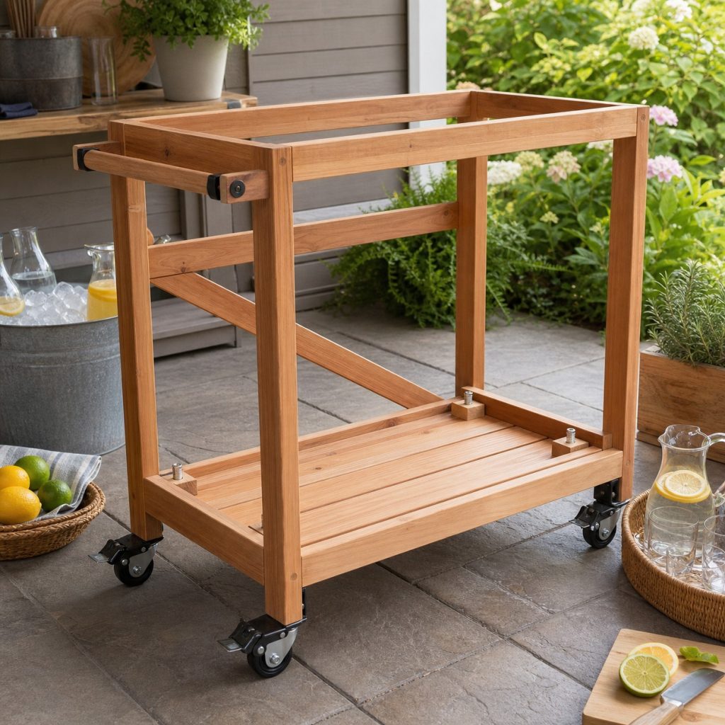 Outdoor bar-cart frame under assembly with rails brace and wheel blocks