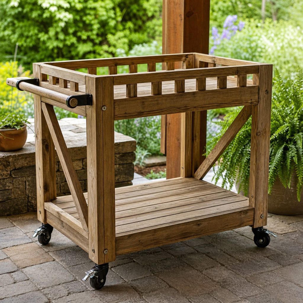 Clean empty cedar outdoor bar cart stored dry under a patio cover