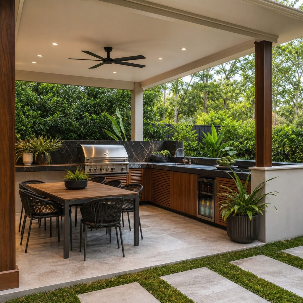 Covered family BBQ area with grill counter and nearby dining table