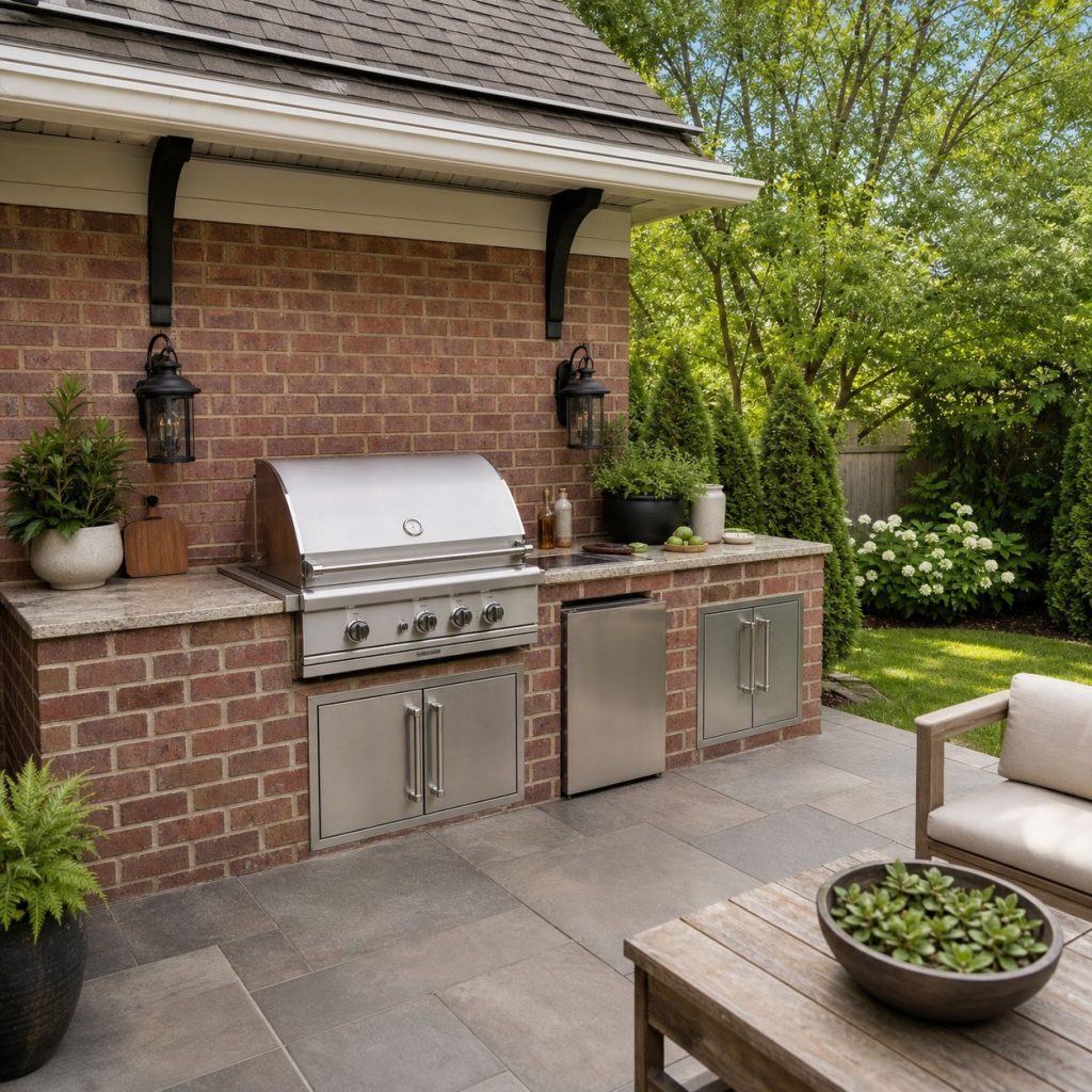 Brick backyard BBQ wall with built-in grill and stone prep counter