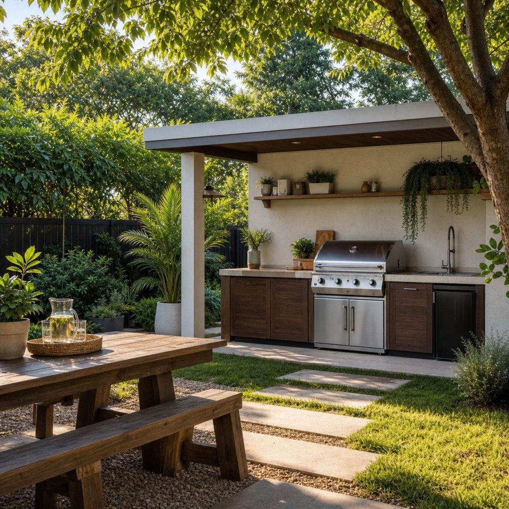 Garden BBQ station near a wood picnic table and shaded lawn