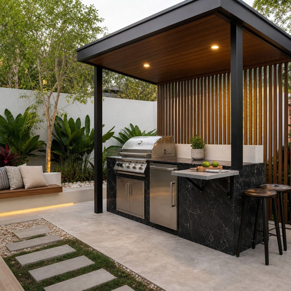 Compact courtyard BBQ island with folding prep shelf and bench