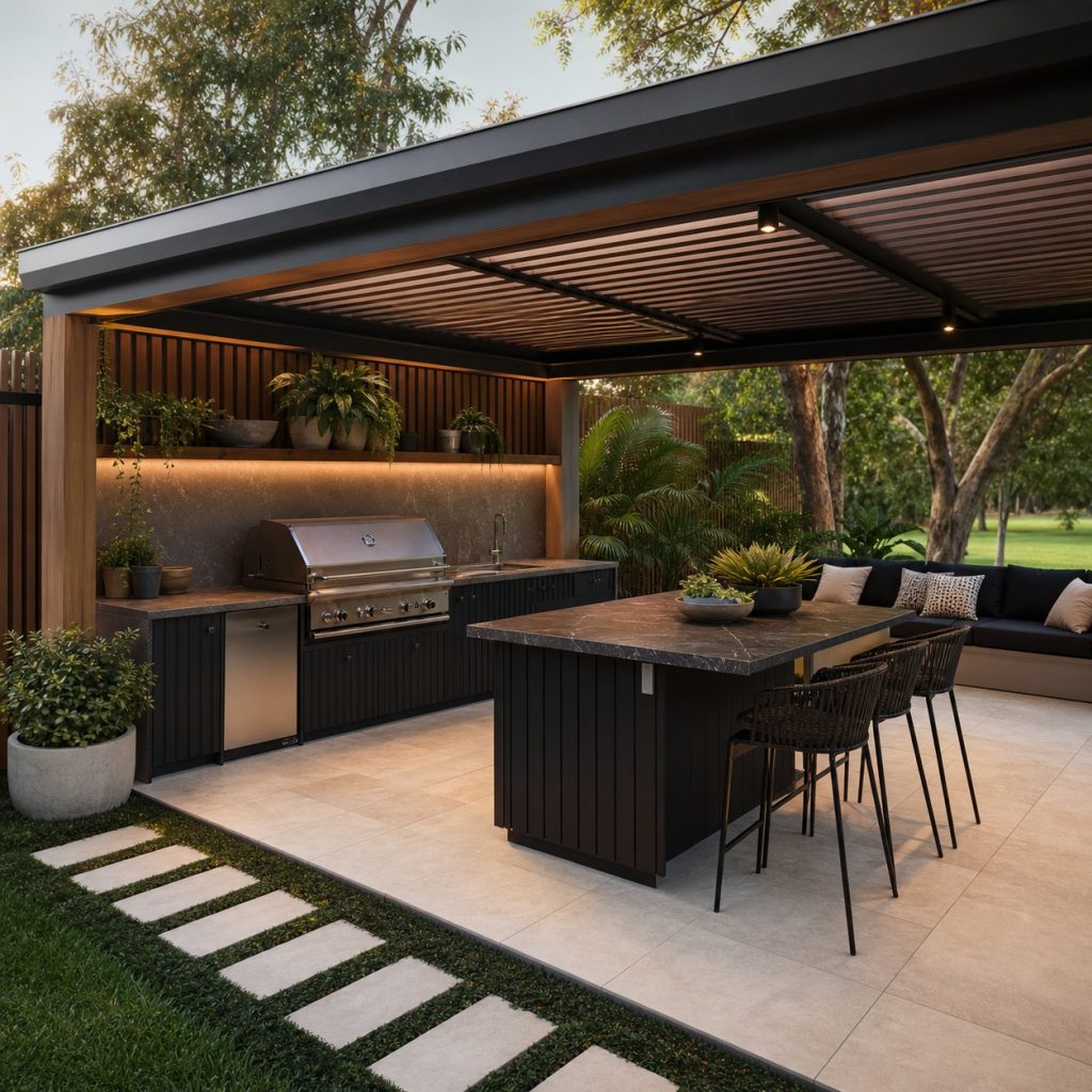 Modern backyard BBQ zone with dark grill island and separate bench seating