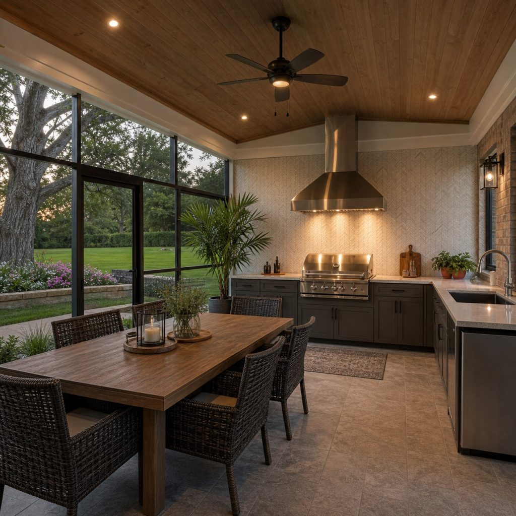 Screened outdoor BBQ room with open ventilation and dining counter