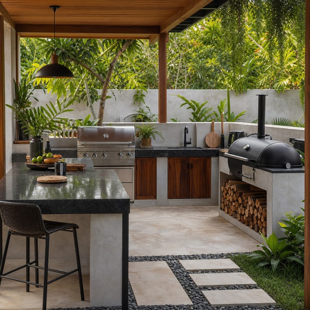 Backyard BBQ area with separate smoker position and long serving table