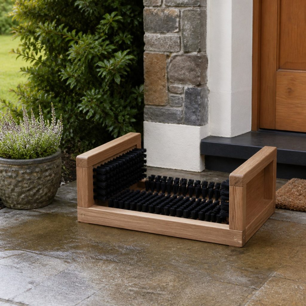 Outdoor boot scraper with bottom and side brushes in a sturdy frame