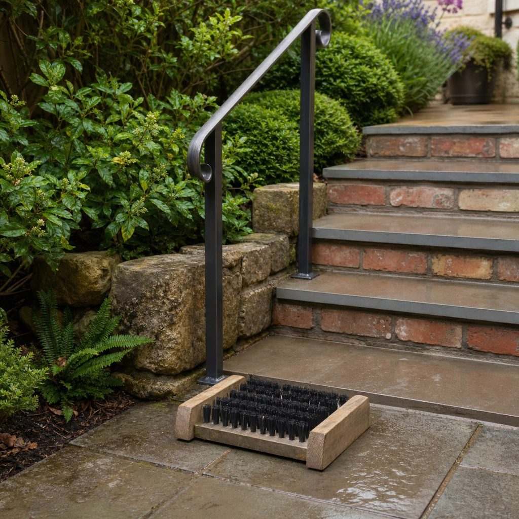 Stable outdoor boot scraper beside an independent graspable handrail