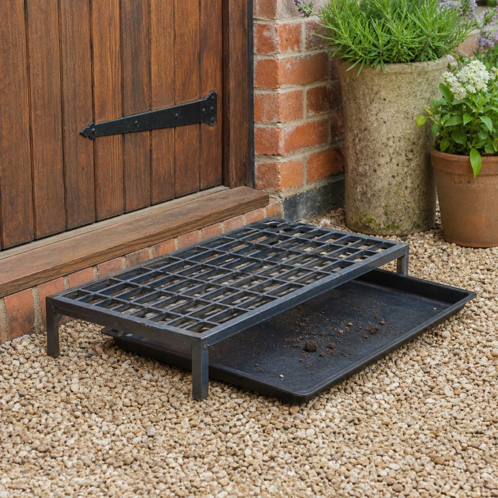 Low exterior-rated boot grate over a removable soil catch tray