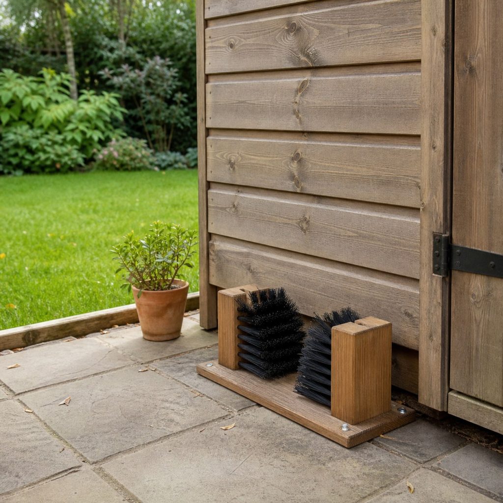 Compact boot brush fixed to paving beside a garden shed wall