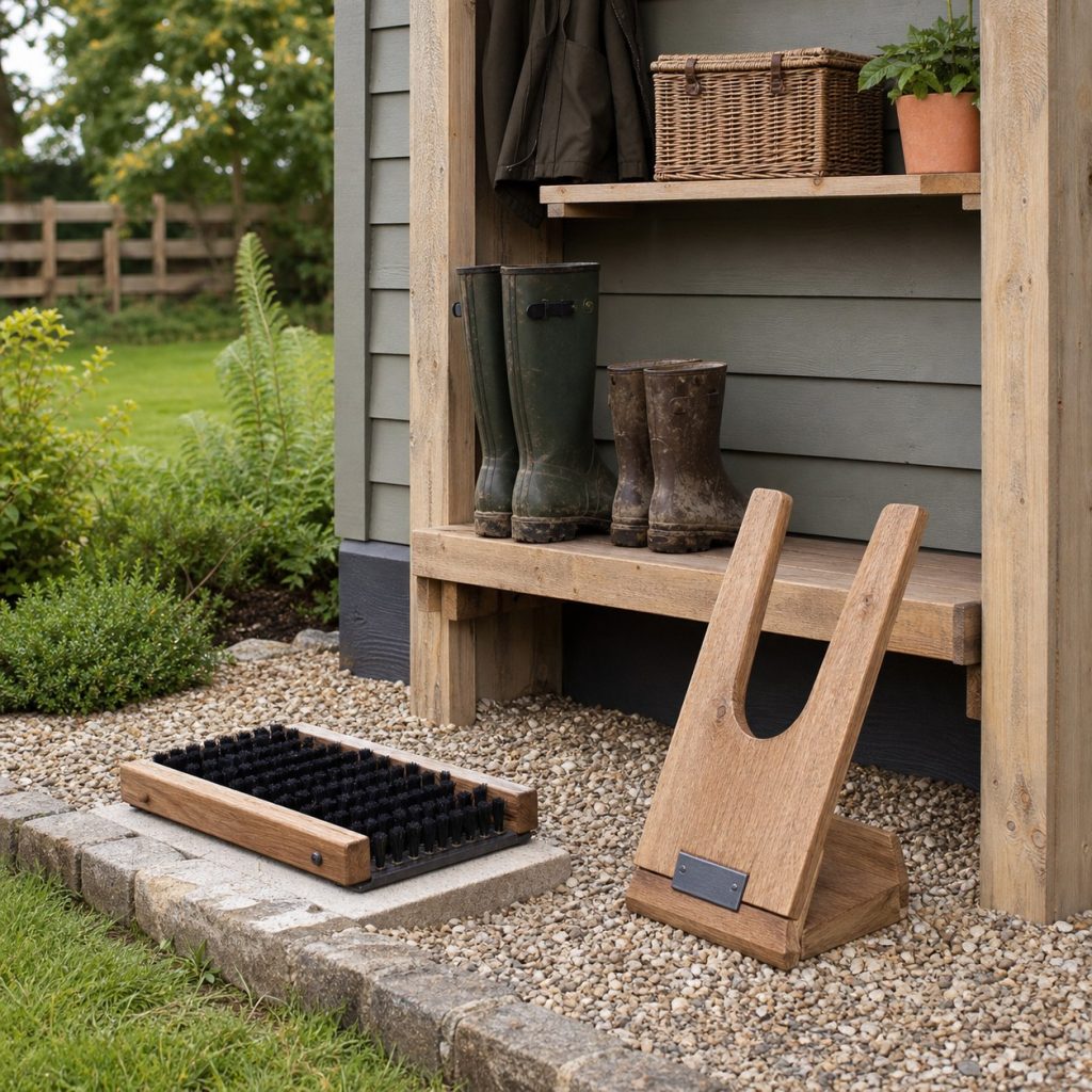 Outdoor station with separate boot scraper and wooden boot jack