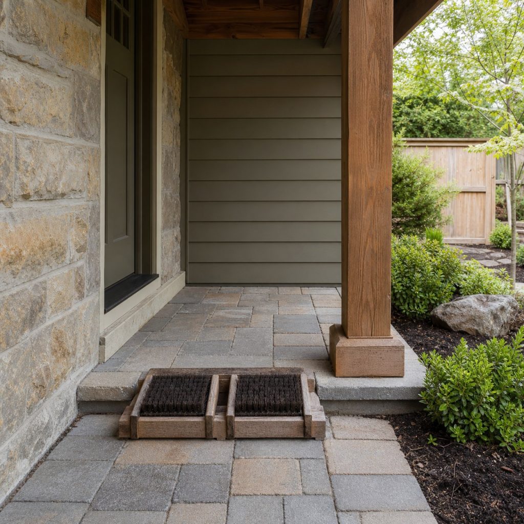 Boot scraper under a small existing porch with washable paver floor