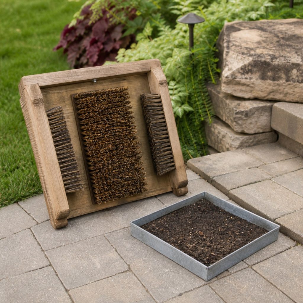 Boot scraper lifted beside removable soil tray and clean dry pavers