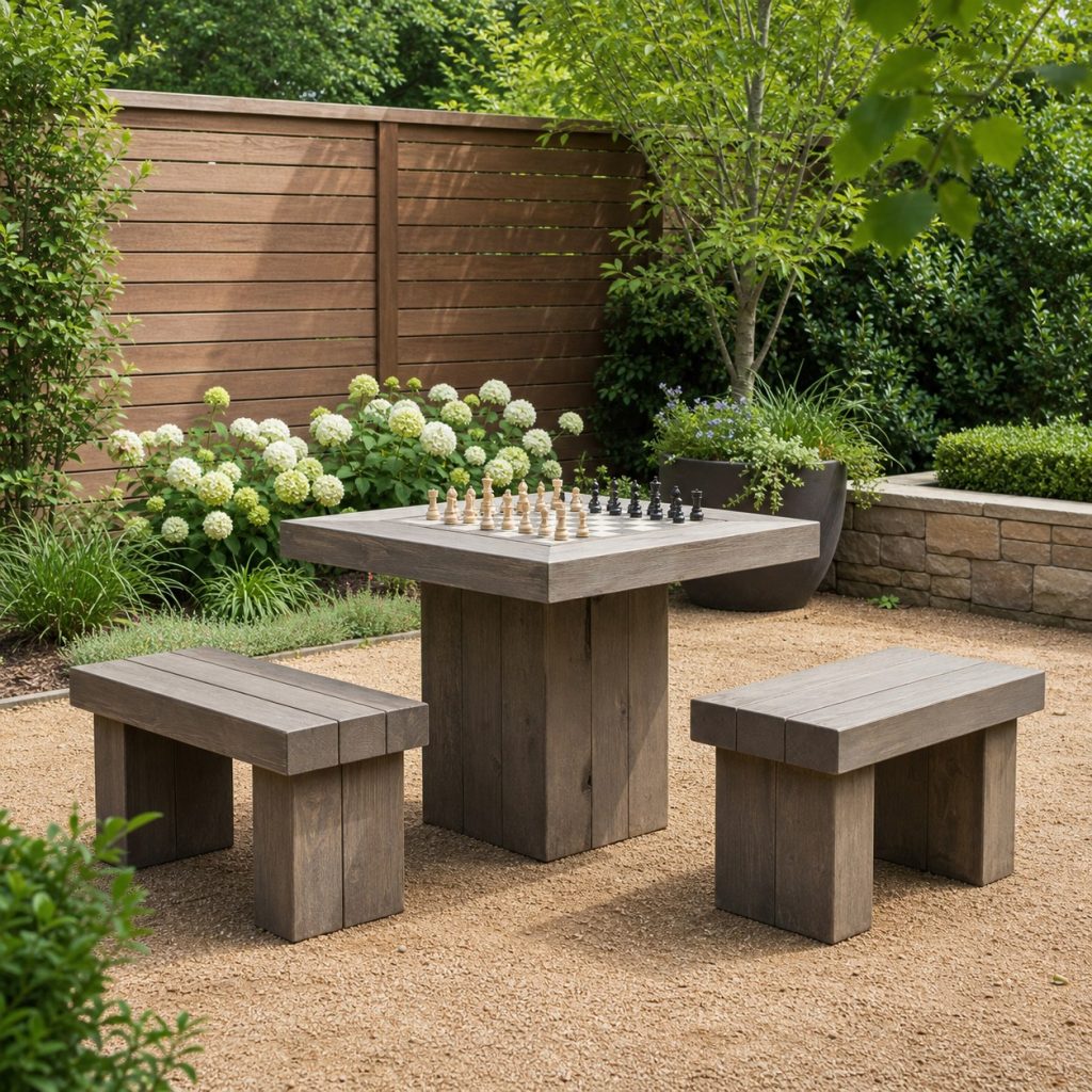 Outdoor chess table with two independent backless benches