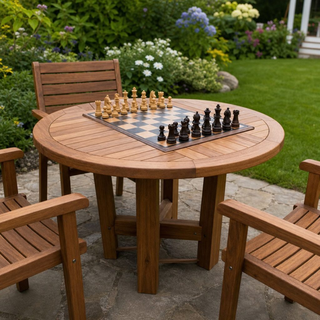 Round garden table with square non-glare chessboard inset