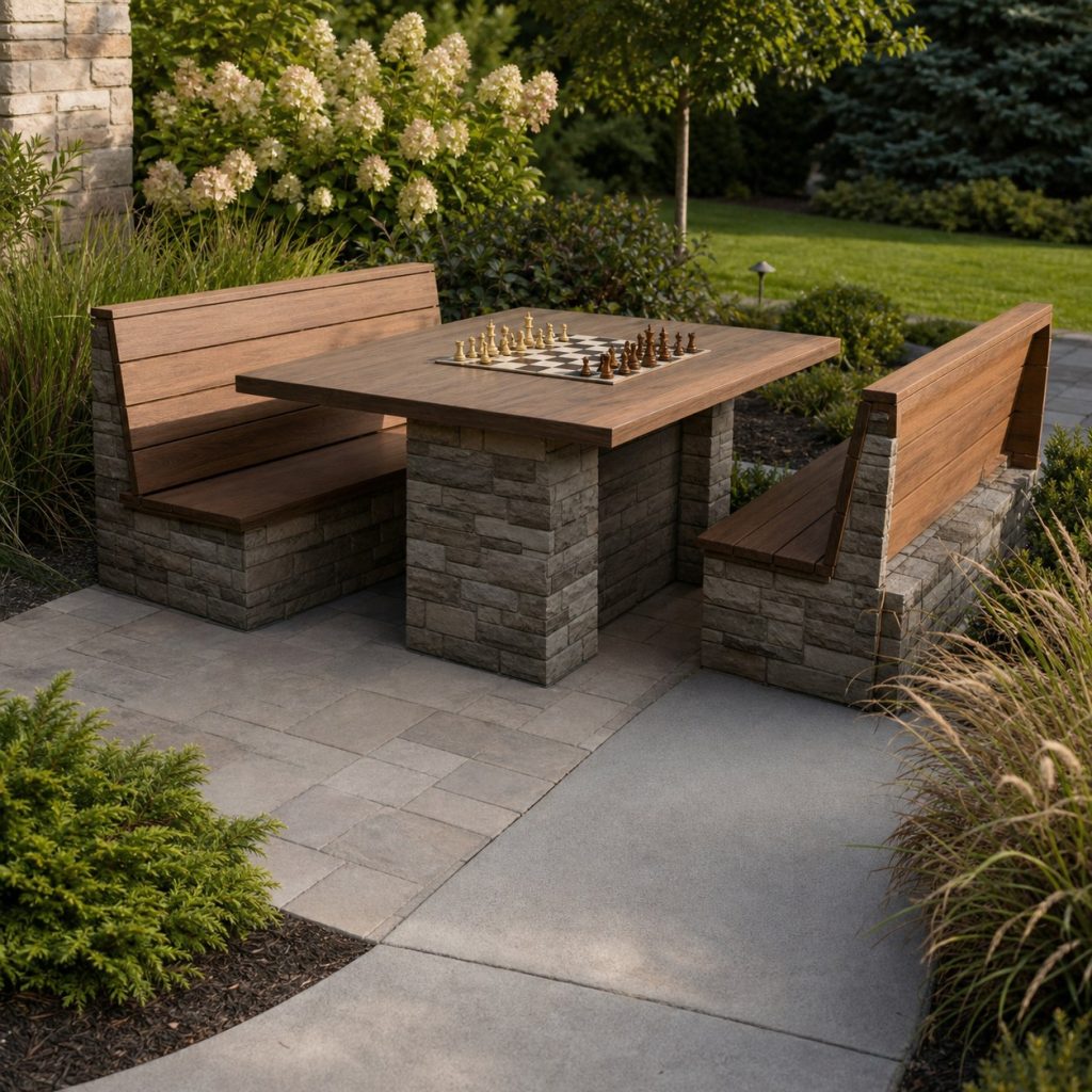 Outdoor chess table with one open side and firm wheelchair approach