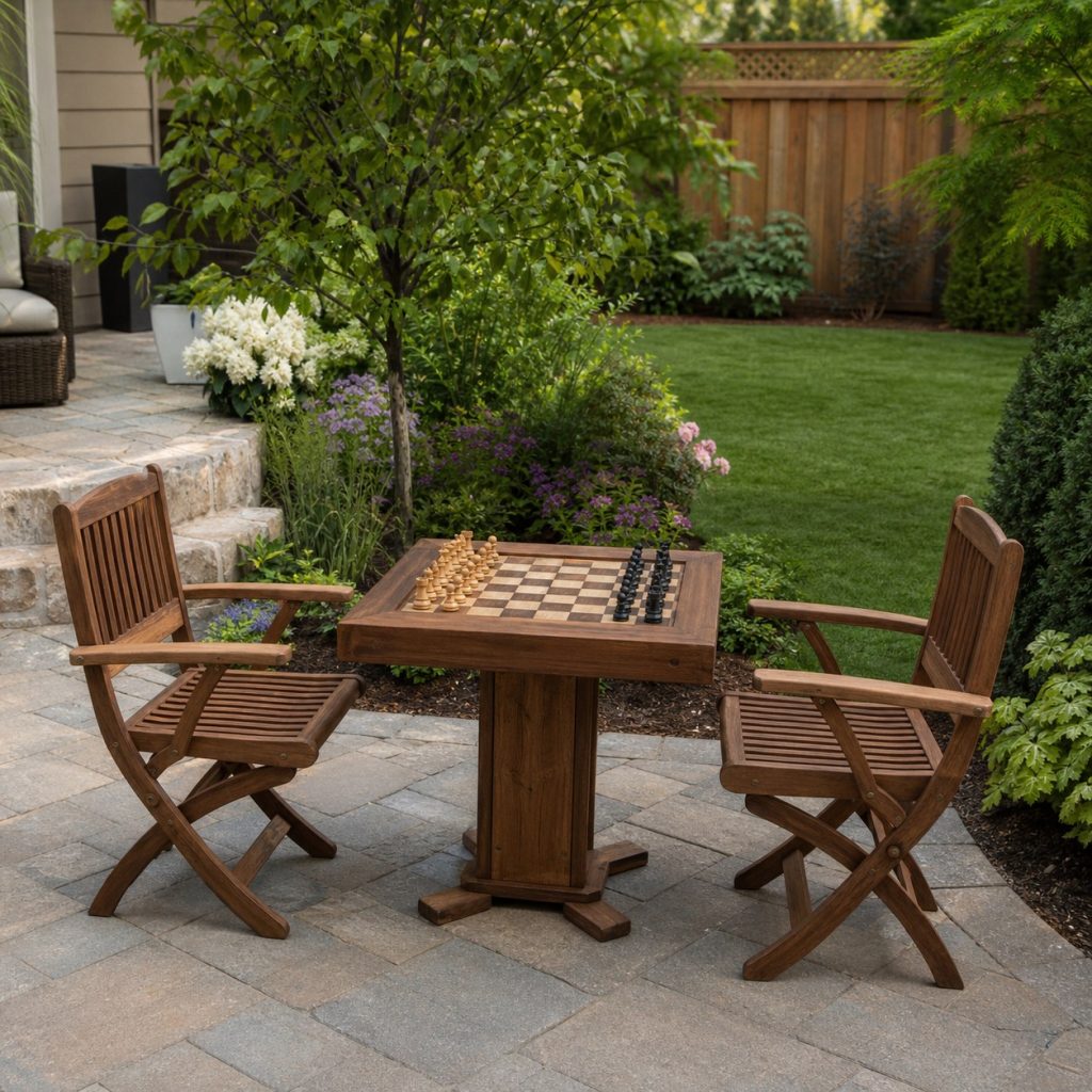 Compact outdoor chess table with two movable chairs on pavers