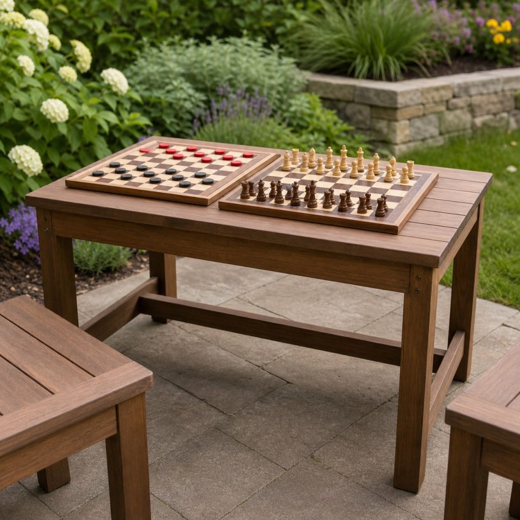 Outdoor game table with removable reversible chess and checkers board