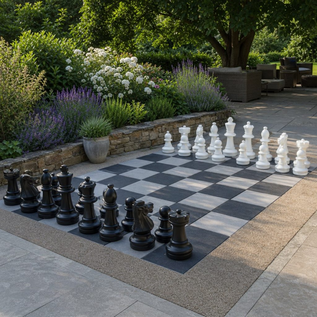 Close view of matte contrasting outdoor chessboard tiles with drained joints