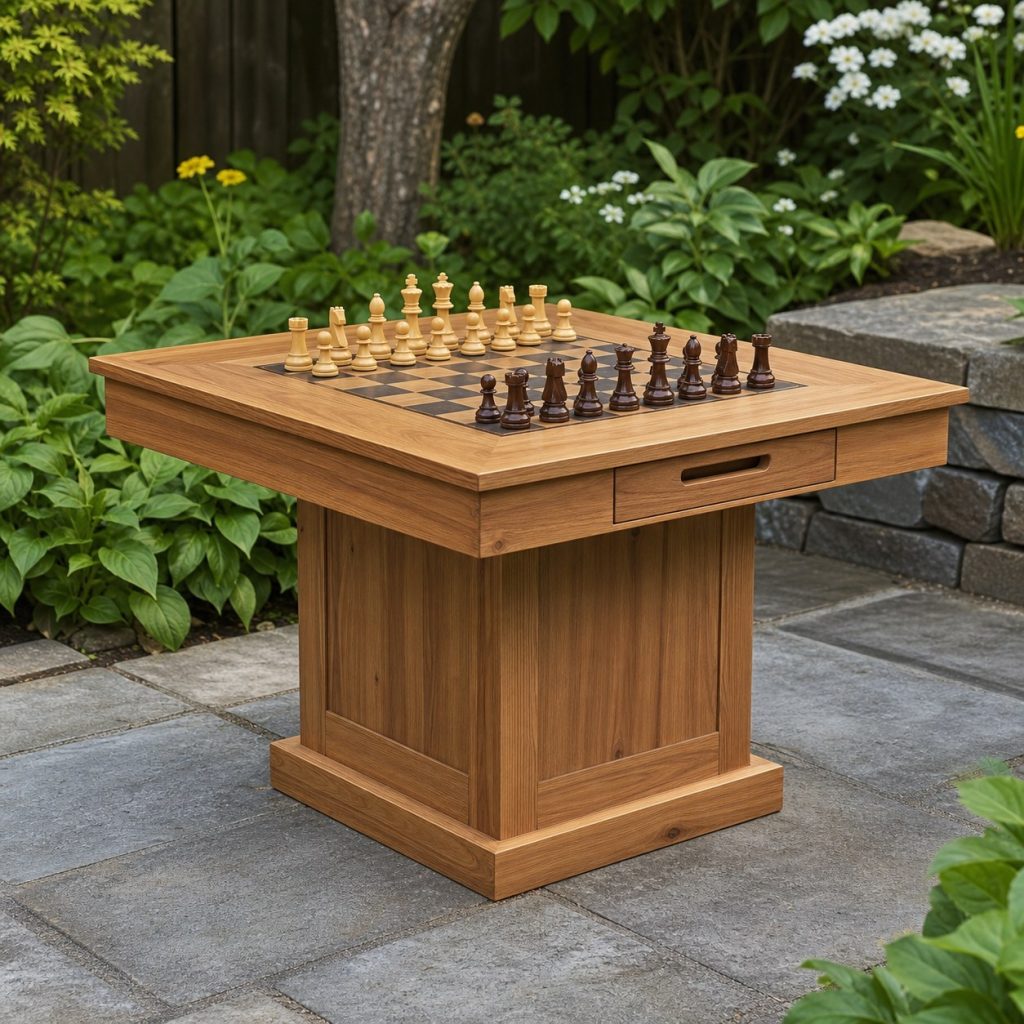 Outdoor chess table with closed piece drawer and concealed stable base