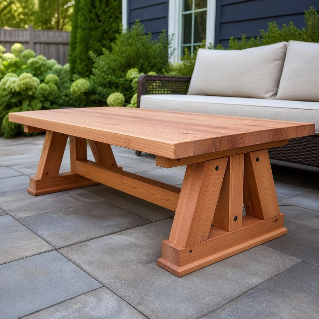 Outdoor wood coffee table with trestle ends broad feet and center stretcher