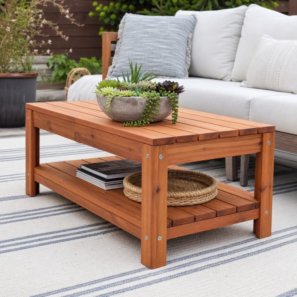 Two-tier cedar patio coffee table with slatted lower shelf and top
