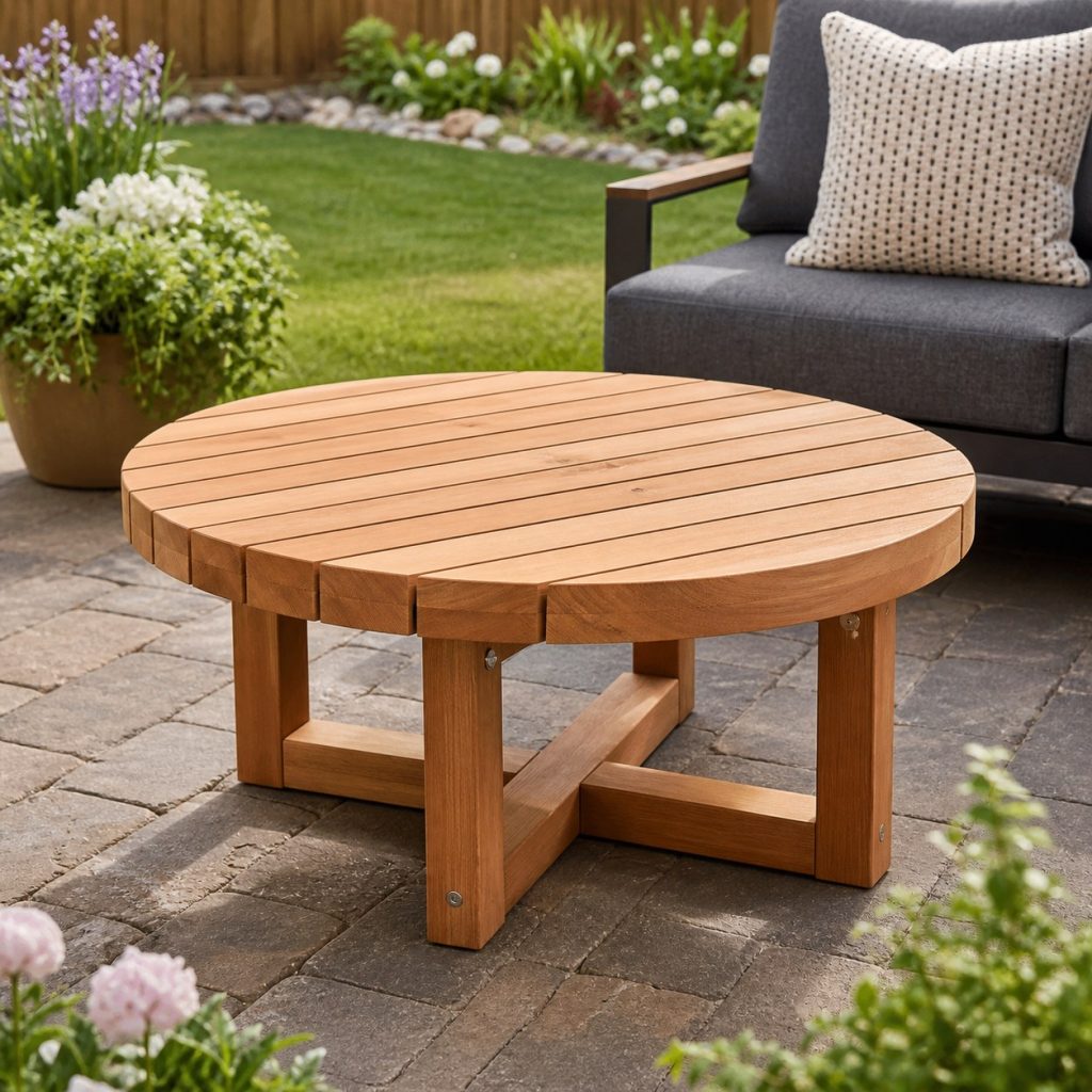 Round outdoor coffee table made from straight cedar slats over polygon frame
