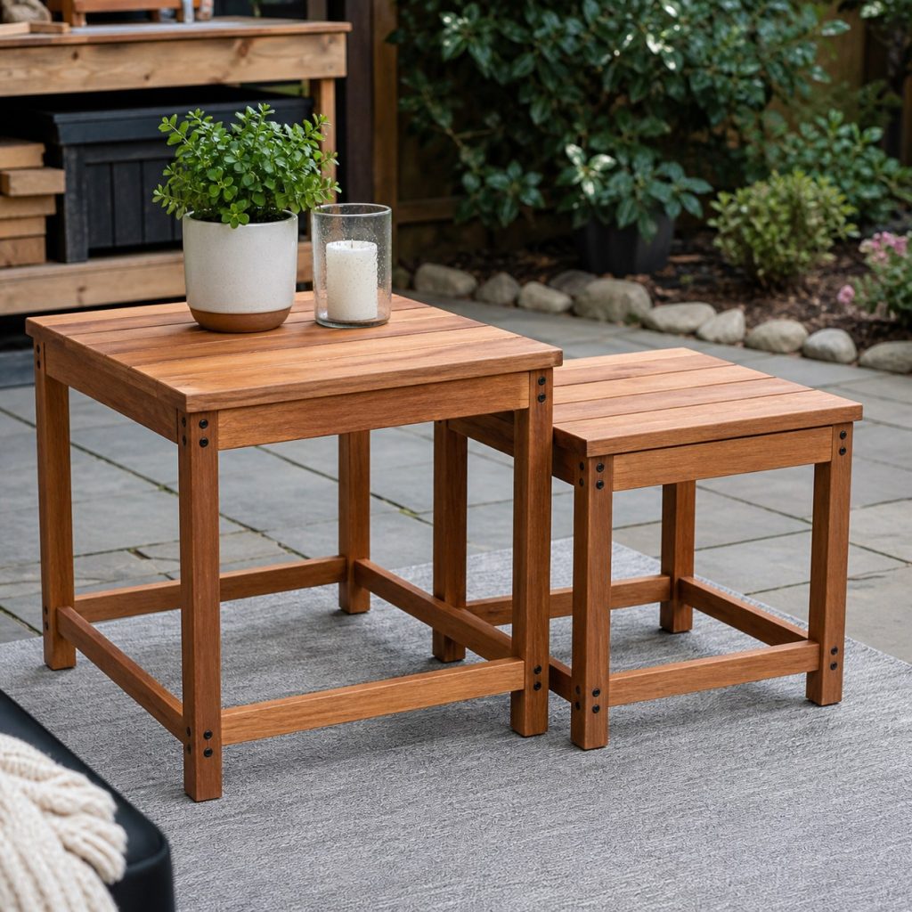 Pair of compact nesting outdoor coffee tables with clear sliding space