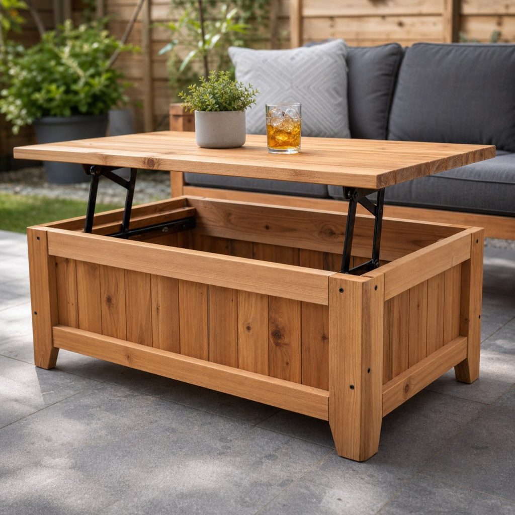 Outdoor coffee table with lightweight lift top raised on paired support hardware