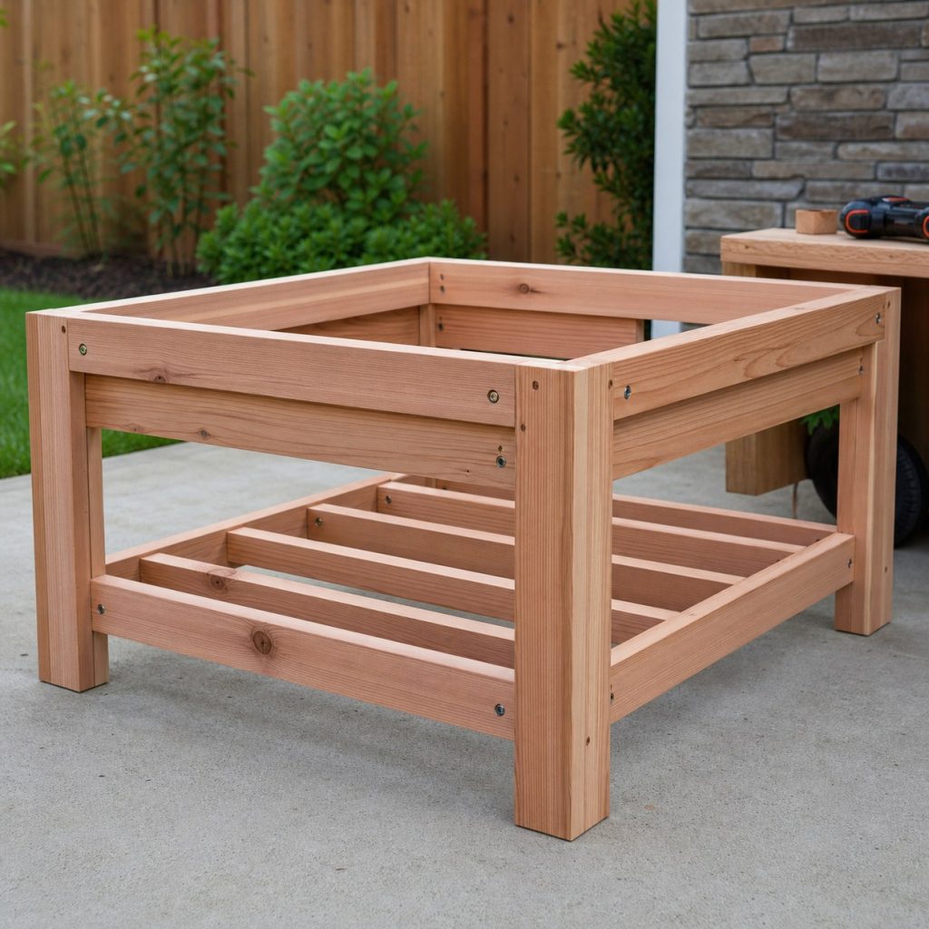 Outdoor coffee table frame under assembly with aprons braces and shelf rails