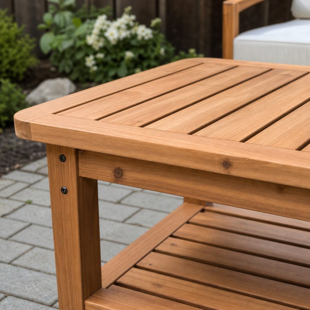 Close view of outdoor coffee table slat gaps eased corners and exterior fasteners