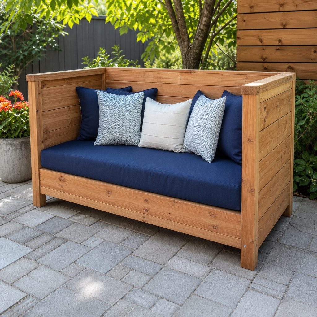Cedar outdoor daybed with high back two side panels and fitted cushions