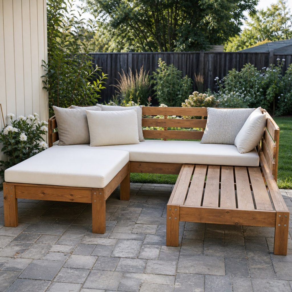 L-shaped corner outdoor daybed with two joined slatted platforms and cushions