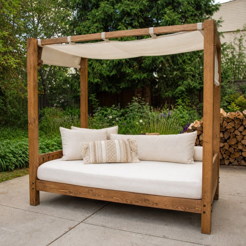 Wooden outdoor daybed with four posts and removable light fabric canopy