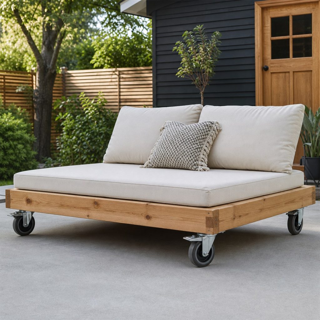 Outdoor daybed on large locking casters with low frame and removable cushion