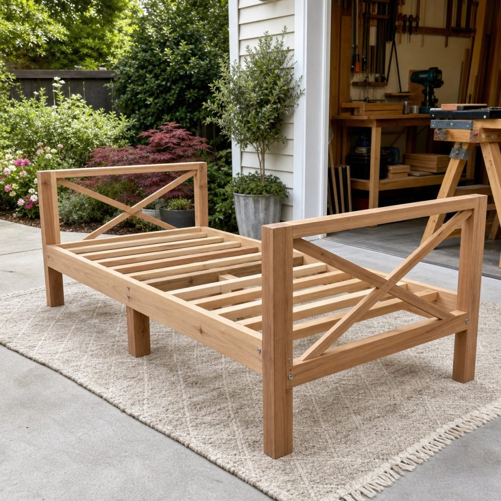 Outdoor daybed frame under assembly with side rails center beam legs and slats