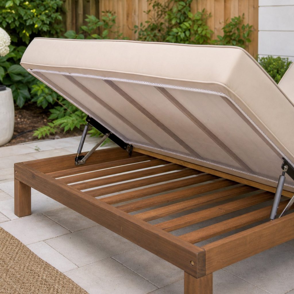 Outdoor daybed cushion lifted to show breathable pad open wood slats and dry underside