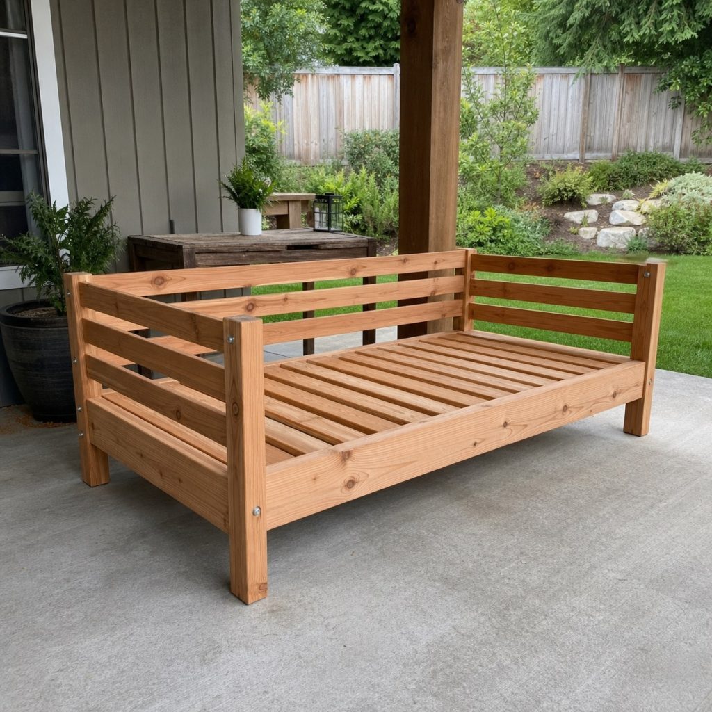 Clean outdoor cedar daybed without cushions drying under covered patio