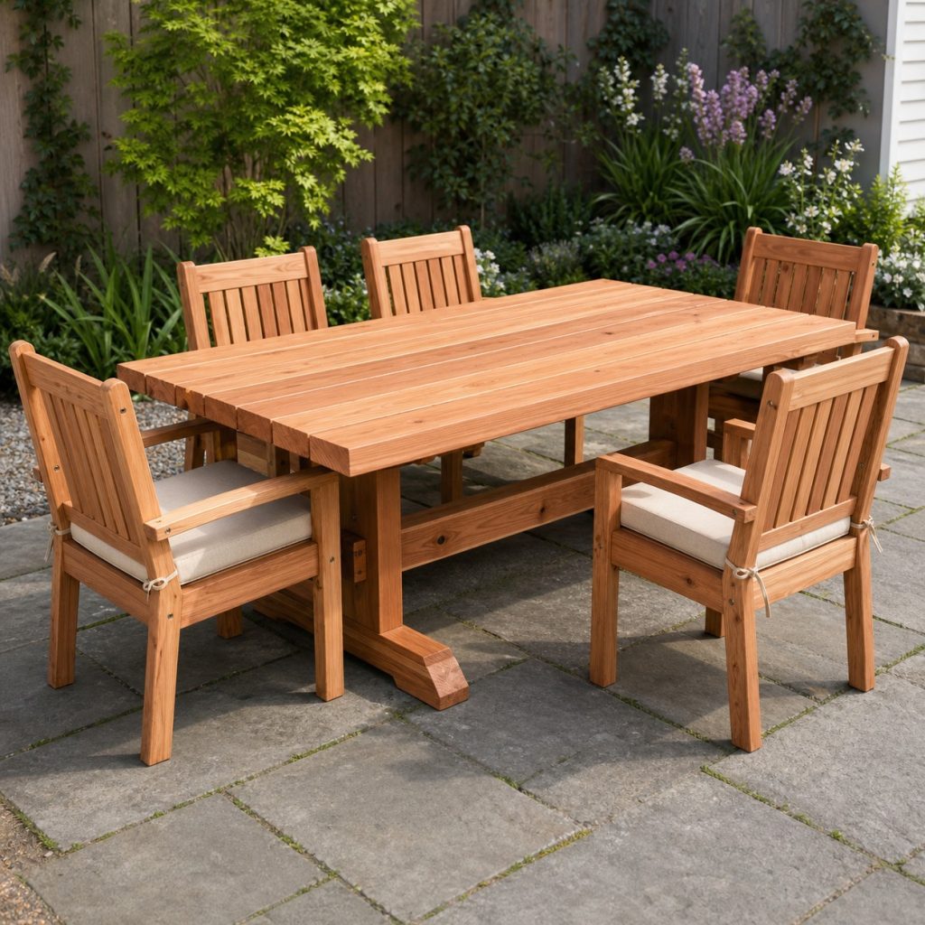 Six-seat cedar dining table with slatted top trestle ends and stretcher