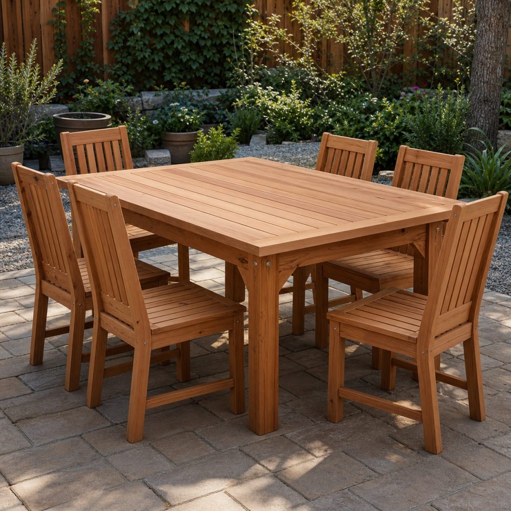 Four-leg cedar outdoor dining table with apron rails and corner braces