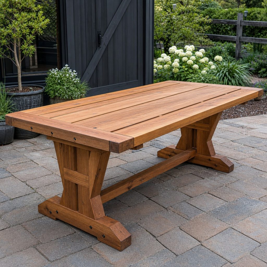 Rustic outdoor farmhouse table with plank top and trestle base