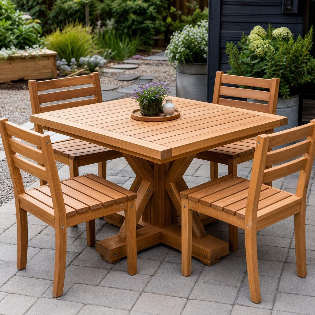 Square cedar patio dining table for four with central crossed pedestal