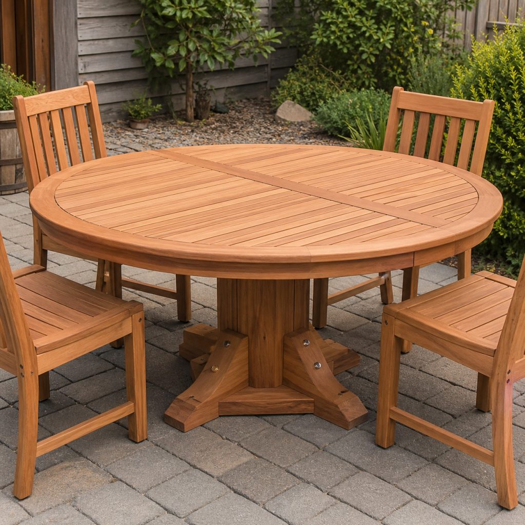 Round wooden patio table with segmented slatted top and radiating feet
