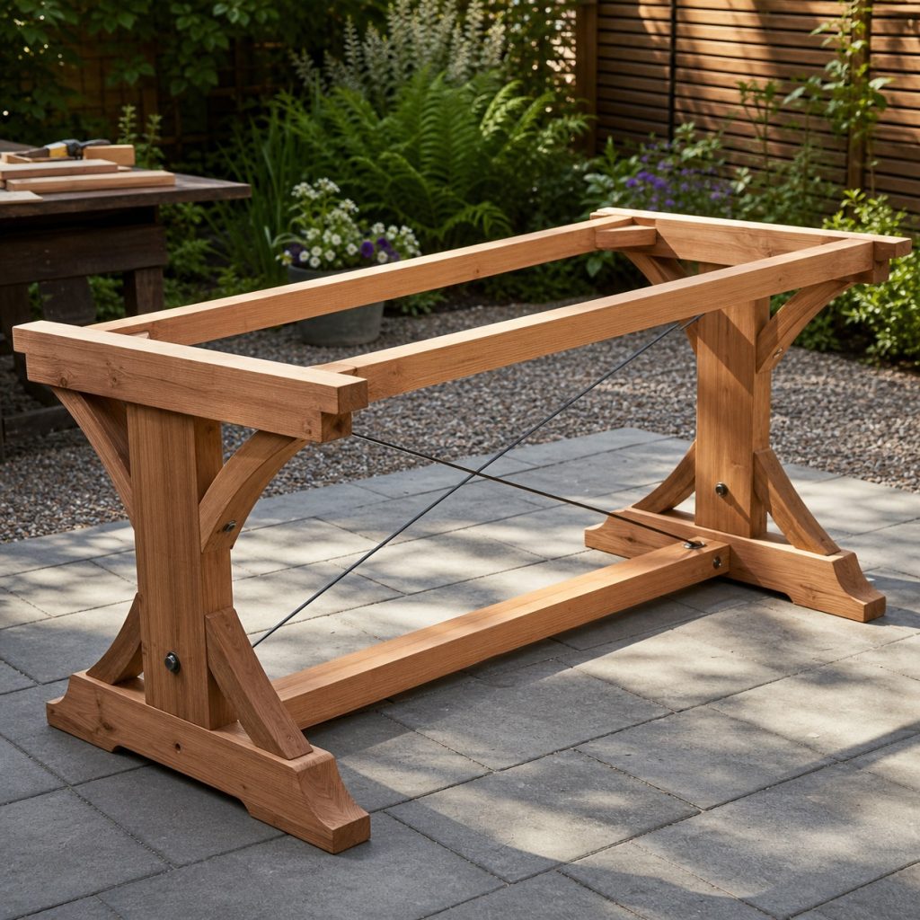 Outdoor dining table base under assembly with trestles stretcher and braces