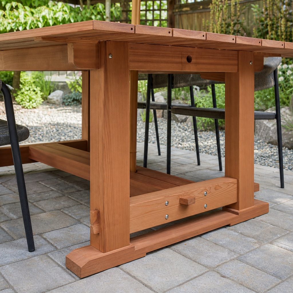 Close underside view of outdoor table slats apron joinery and supports