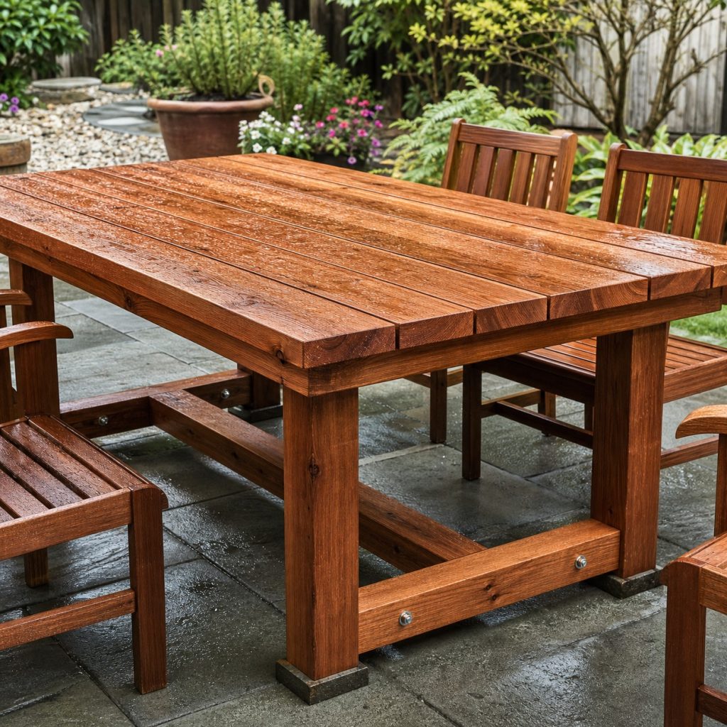 Weathered cedar dining table after rain with draining top and raised feet