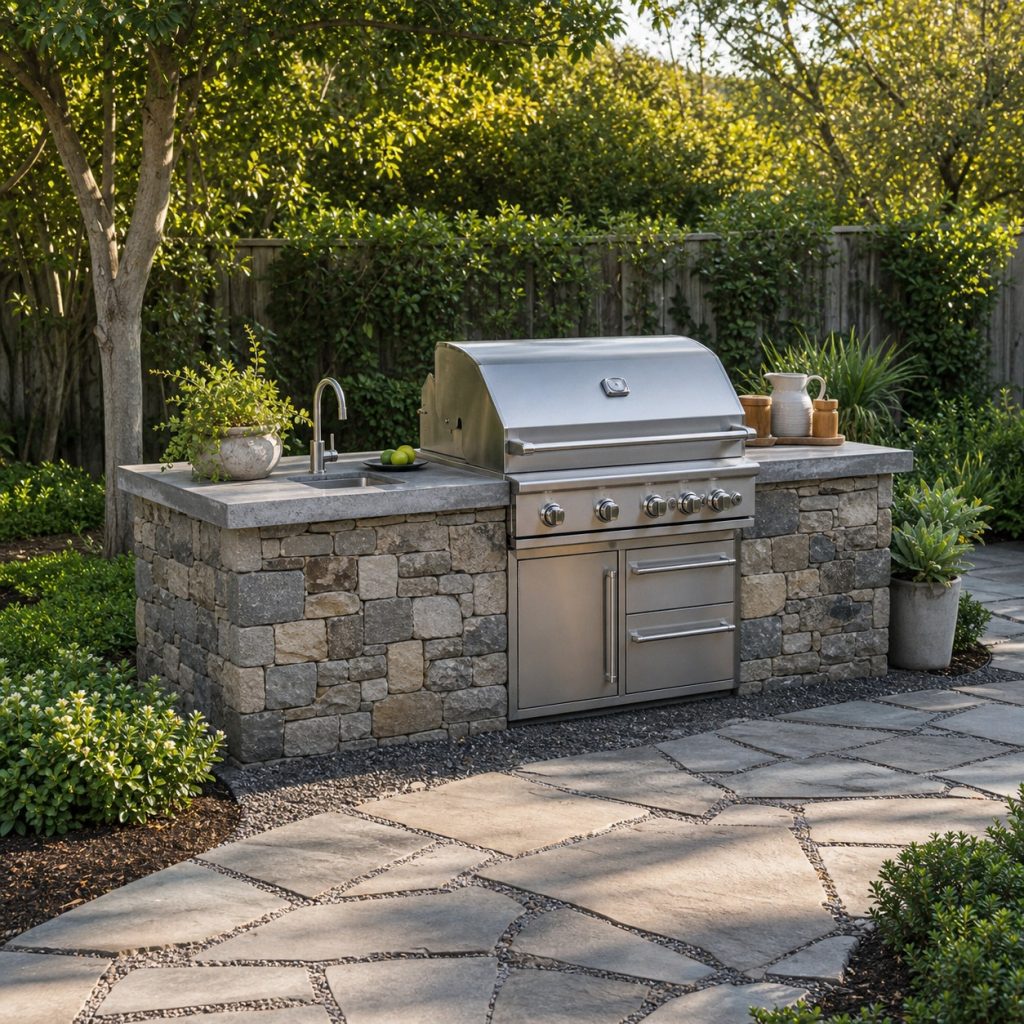 Freestanding stone outdoor grill island with stainless grill and broad landing counters