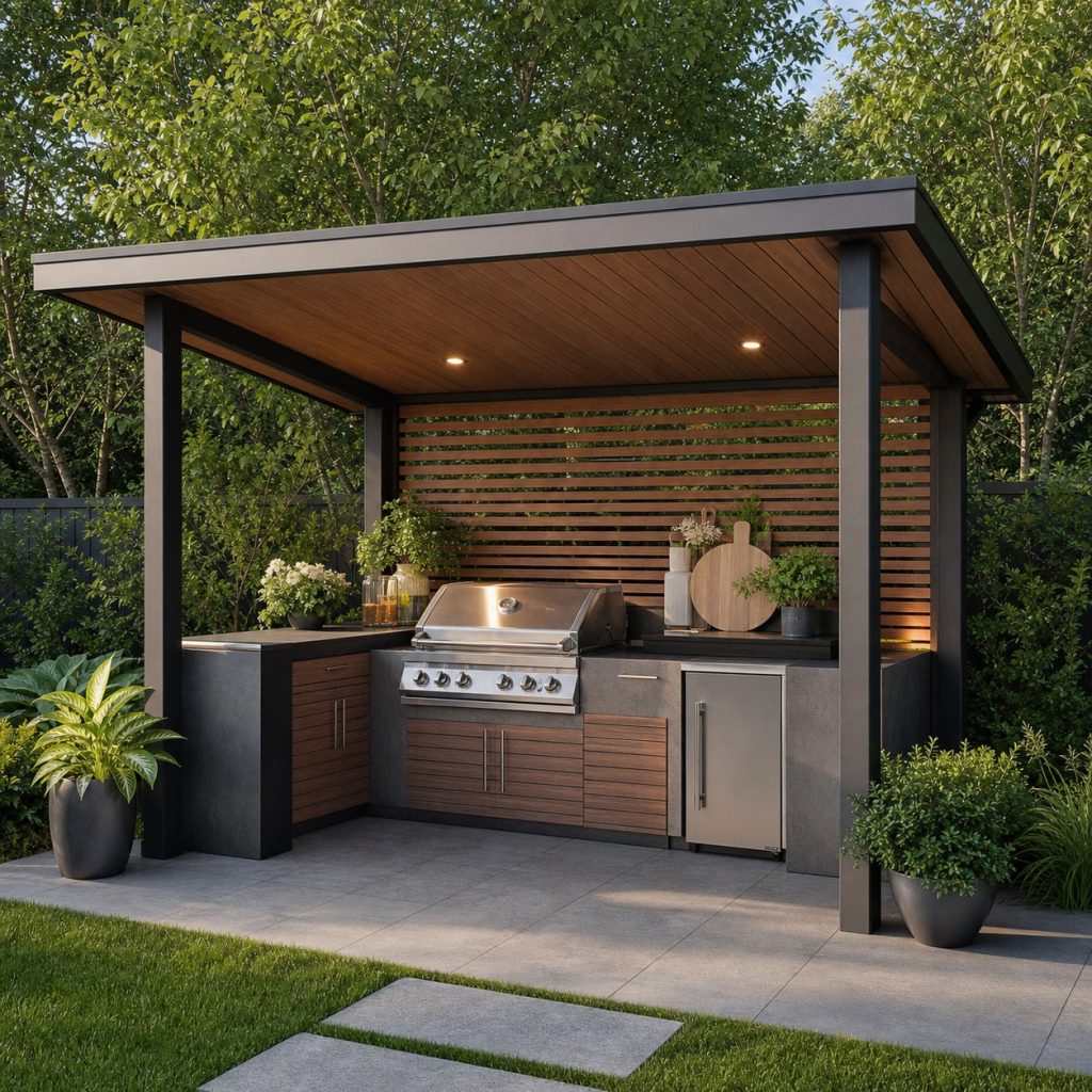 Covered timber outdoor grill alcove with counters, storage, and open ventilation